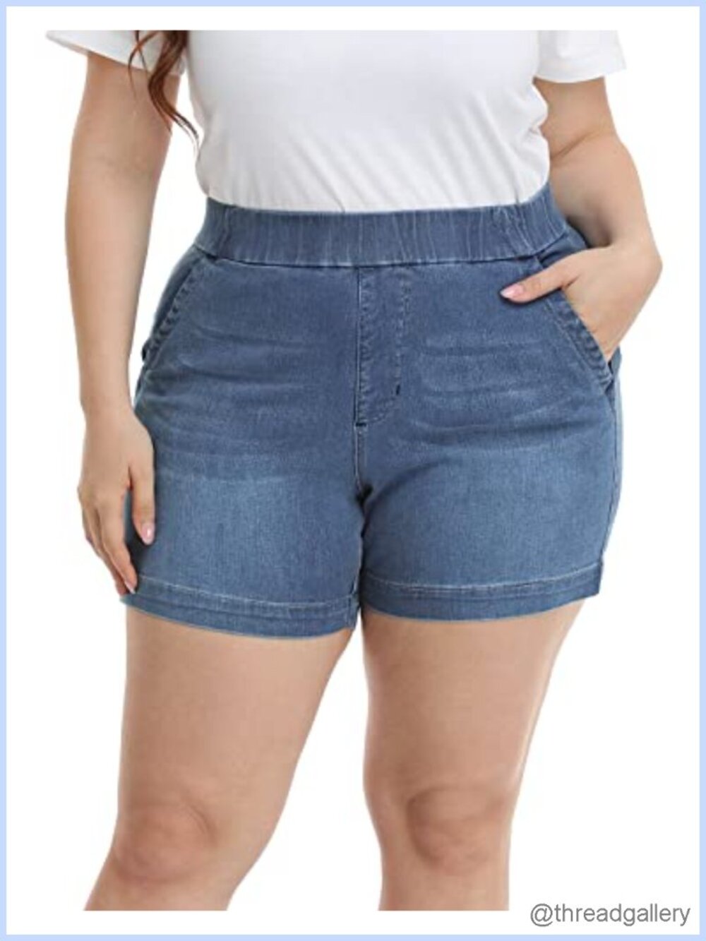 Plus Size Pull On Jean Shorts High Waisted Stretch Denim 5" Inseam